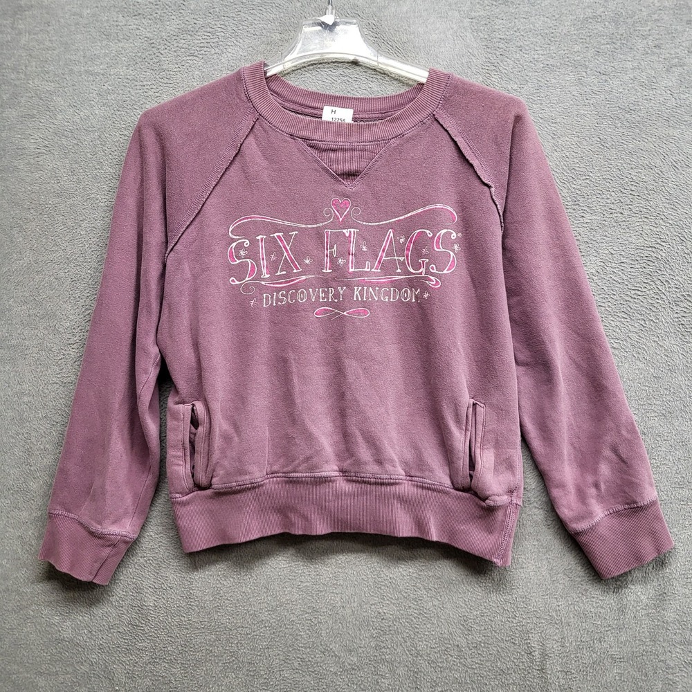 VINTAGE Six Flags Girls Sweatshirt XL Pink Discovery Kingdom Fleece Pullover REA